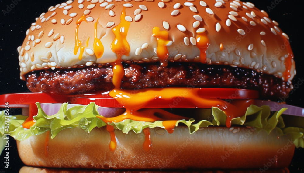 Gourmet grilled cheeseburger with fresh vegetables and crispy fries generated by AI