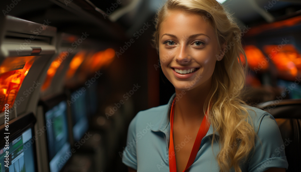 Smiling adult woman looking at camera indoors, radiating happiness generated by AI