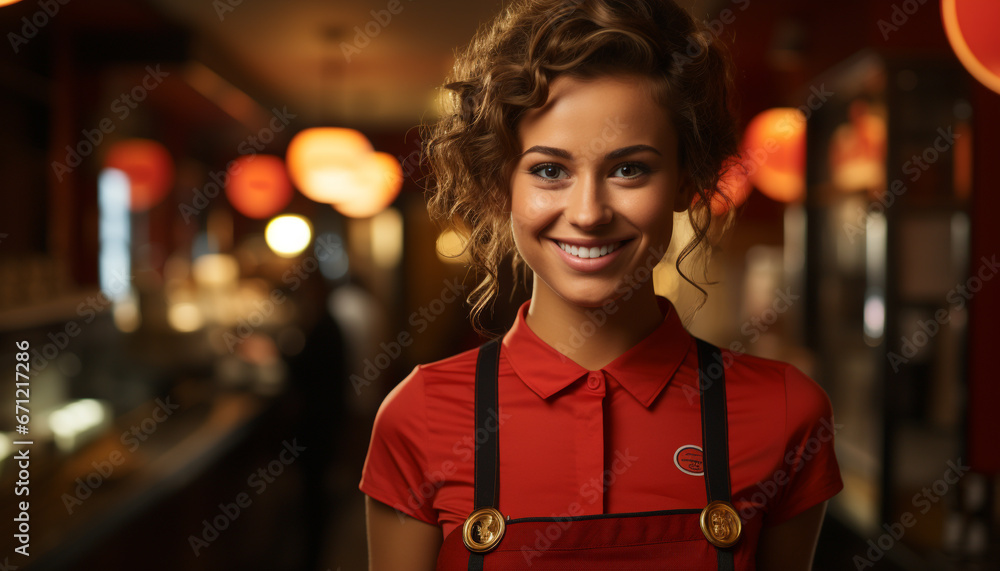 Smiling adult woman, young and cheerful, confident barista serving coffee generated by AI