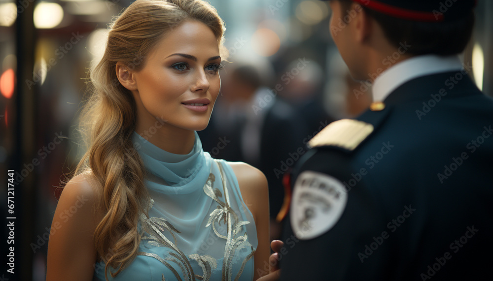 Two young women smiling, looking at camera, standing in city generated by AI