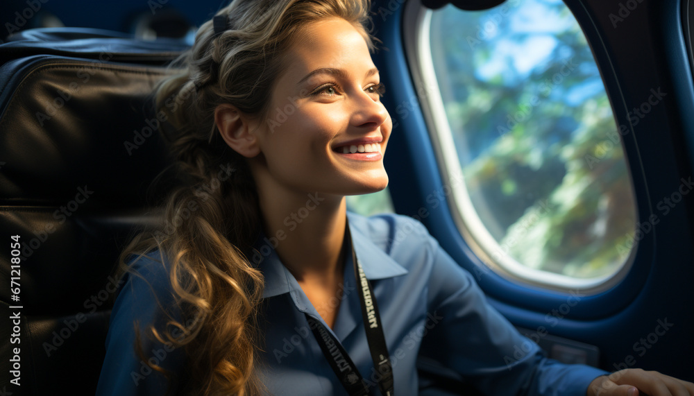 A young woman sitting inside, looking out the window, smiling generated by AI