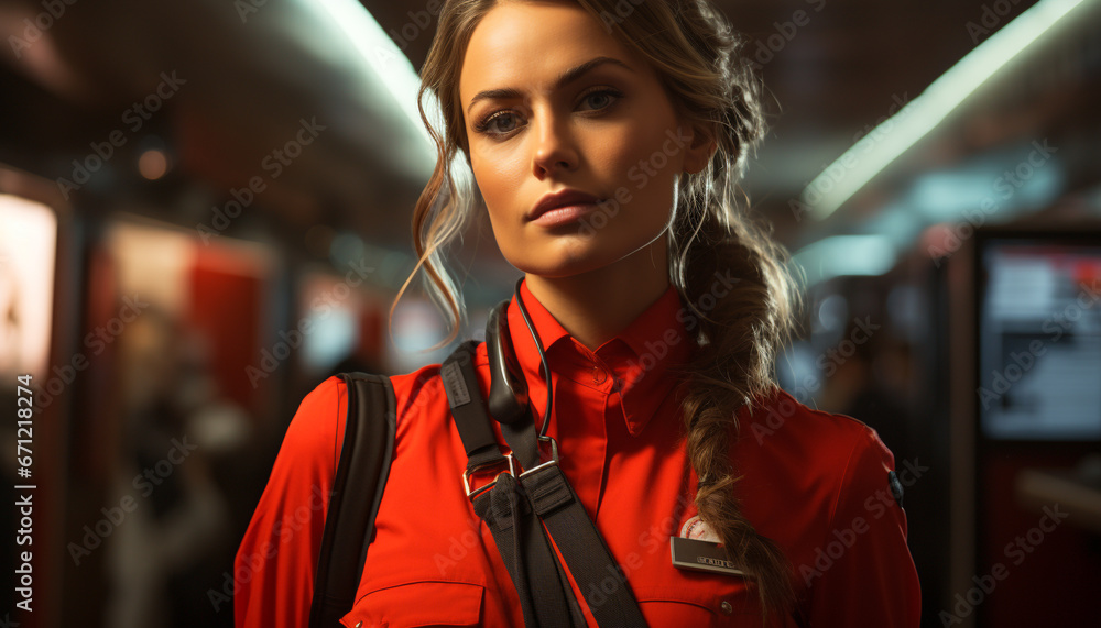 Young woman looking at camera in subway station, exuding confidence generated by AI