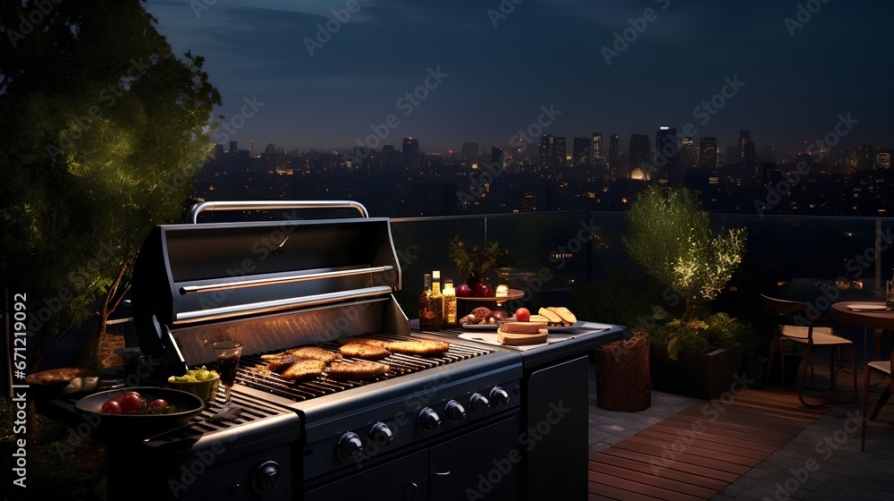 BBQ on lush green rooftop in a night bustling urban city. Meat grill and cooking fresh vegetables on an outdoor grill, set against the backdrop of towering city buildings.