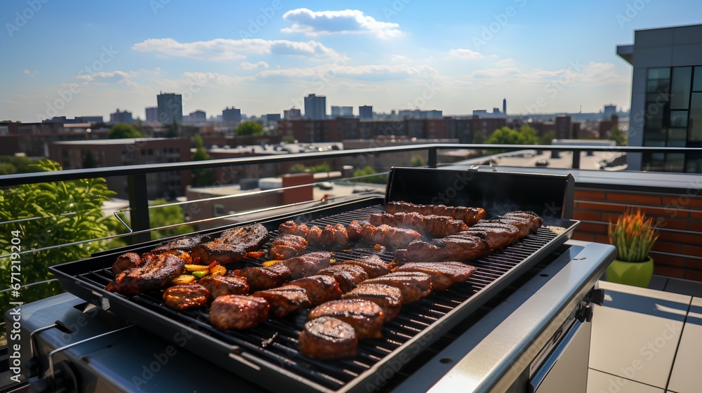 BBQ on lush green rooftop in a bustling urban city. Meat grill and cooking fresh vegetables on an outdoor grill, set against the backdrop of towering city buildings.