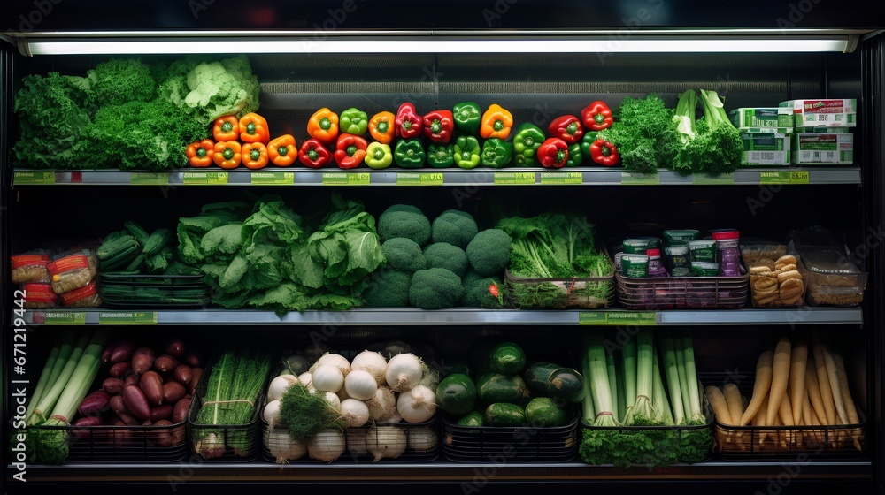 Healthy diet food in a grocery store. Variety of colorful vegetables, leafy greens, and legumes, all essential for a balanced and nutrient rich diet. Healthy and fresh eating habits.