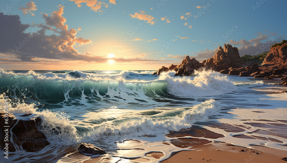 Nature beauty  sunset waves crash on sandy coastline, reflecting tranquility generated by AI