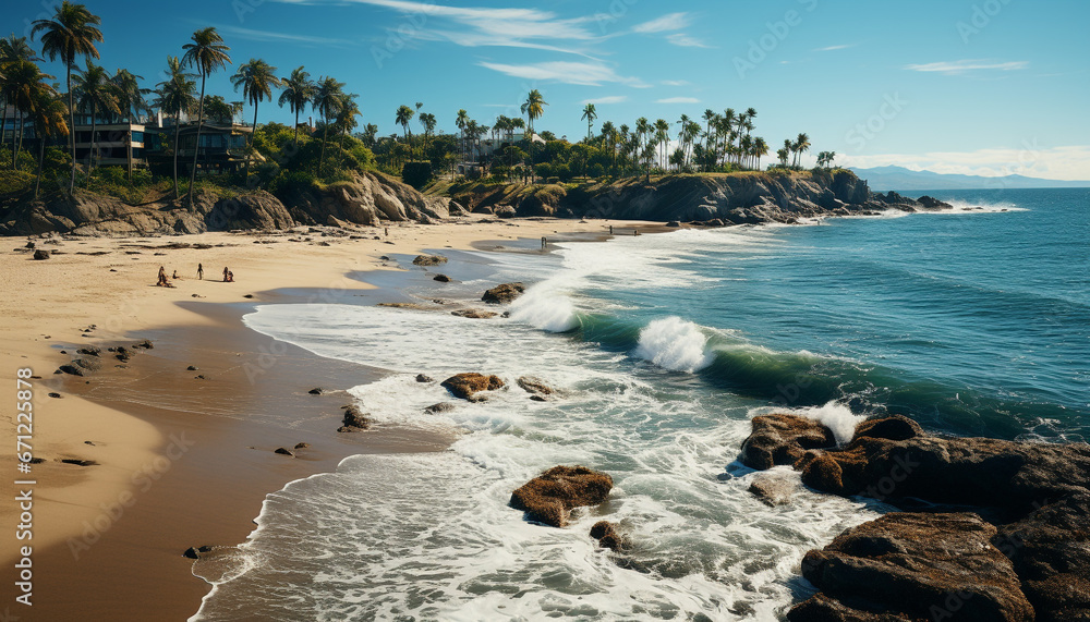 Sunset over the tranquil waters, palm trees sway in the breeze generated by AI