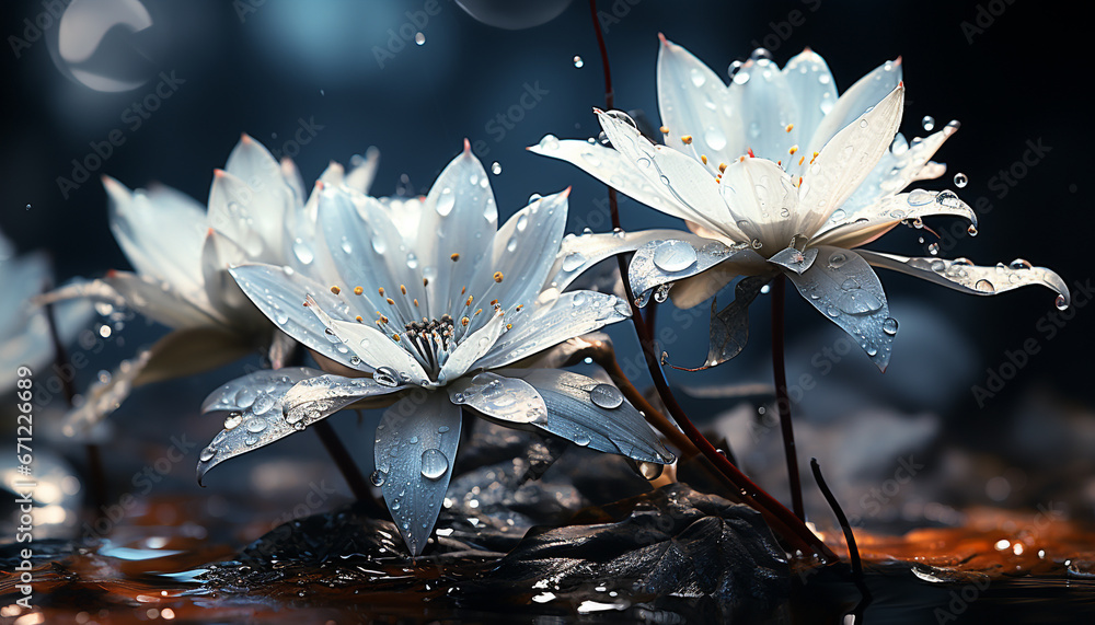 Tranquil scene  vibrant daisy blossom reflects in dew covered pond generated by AI