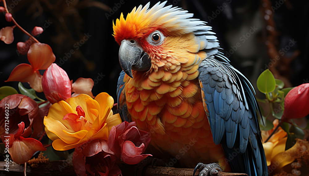 Vibrant macaw perching on a branch, showcasing nature colorful beauty generated by AI