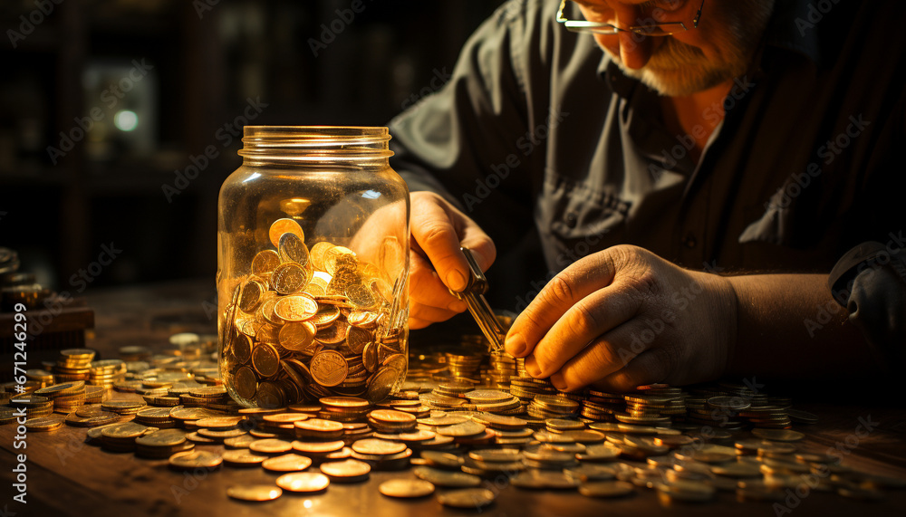 A wealthy businessman holding a jar of gold coins indoors generated by AI