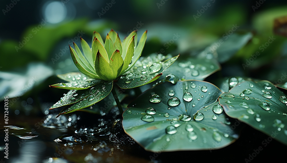 Fresh green leaf, wet with raindrop, reflects beauty in nature generated by AI