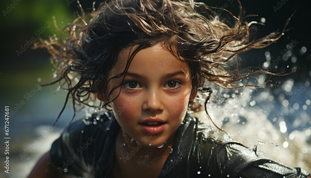 Smiling girl with wet hair enjoys playful summer water activities generated by AI