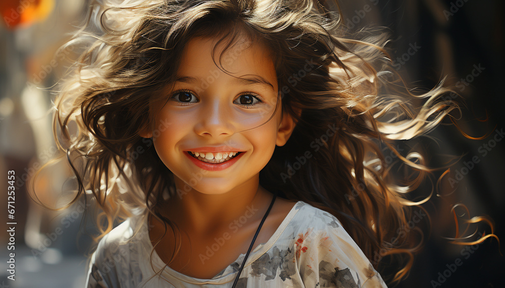 Smiling child with cute portrait, looking at camera, enjoying summer generated by AI