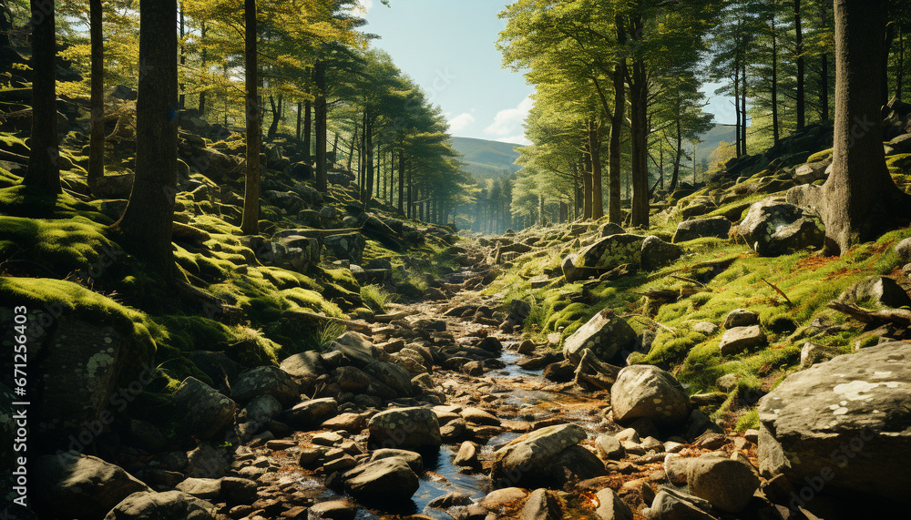 Tranquil scene of a mountain peak in a lush forest generated by AI