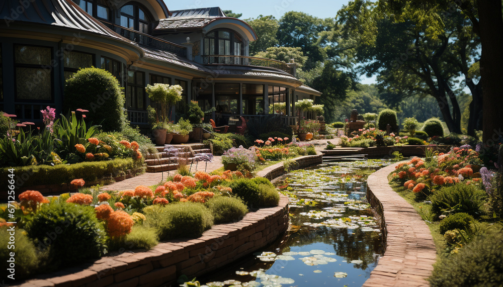 Green grass, blooming flowers, tree lined footpath, nature architectural beauty generated by AI