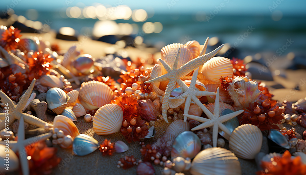 Nature beauty in a large group of starfish on coastline generated by AI