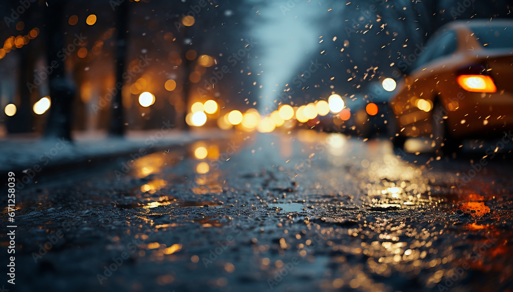 Night car rain traffic defocused dark wet dusk drop blur motion illuminated generated by AI