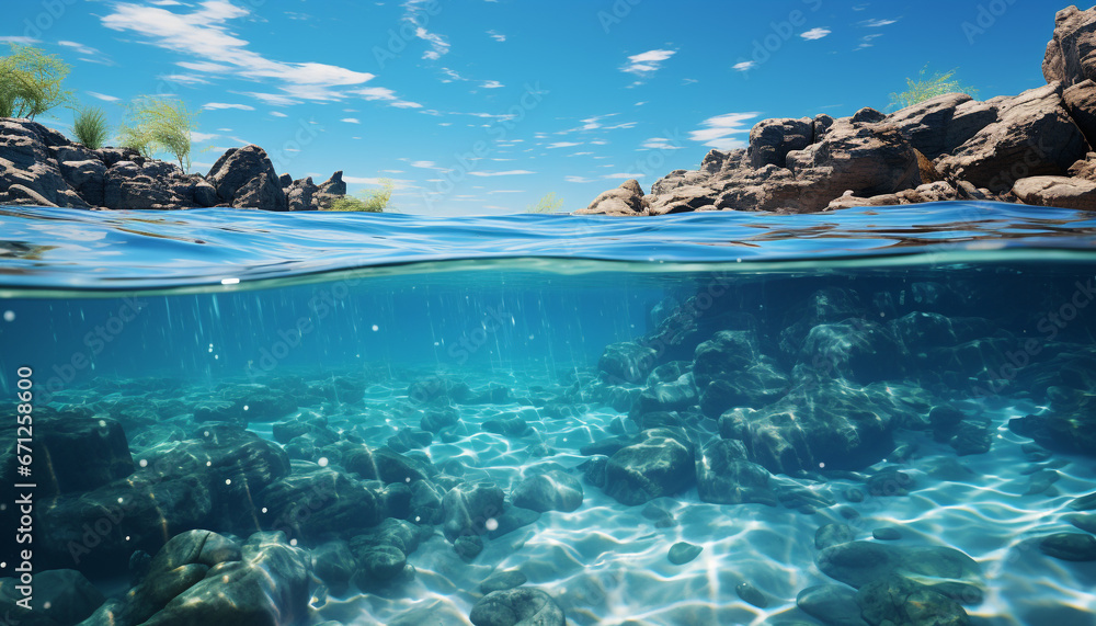 Underwater fish swim in tropical reef, a summer seascape vacation generated by AI