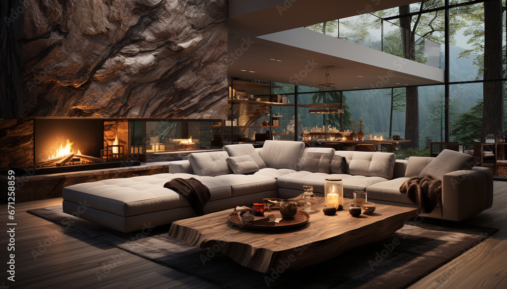 Modern, elegant living room with comfortable sofa and illuminated fireplace generated by AI