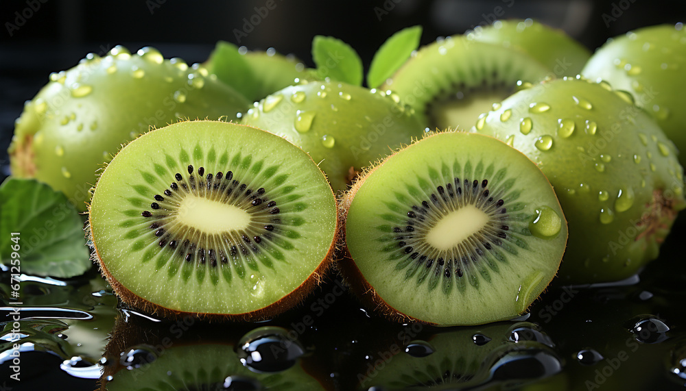 Freshness and nature combine in a slice of ripe, wet kiwi generated by AI