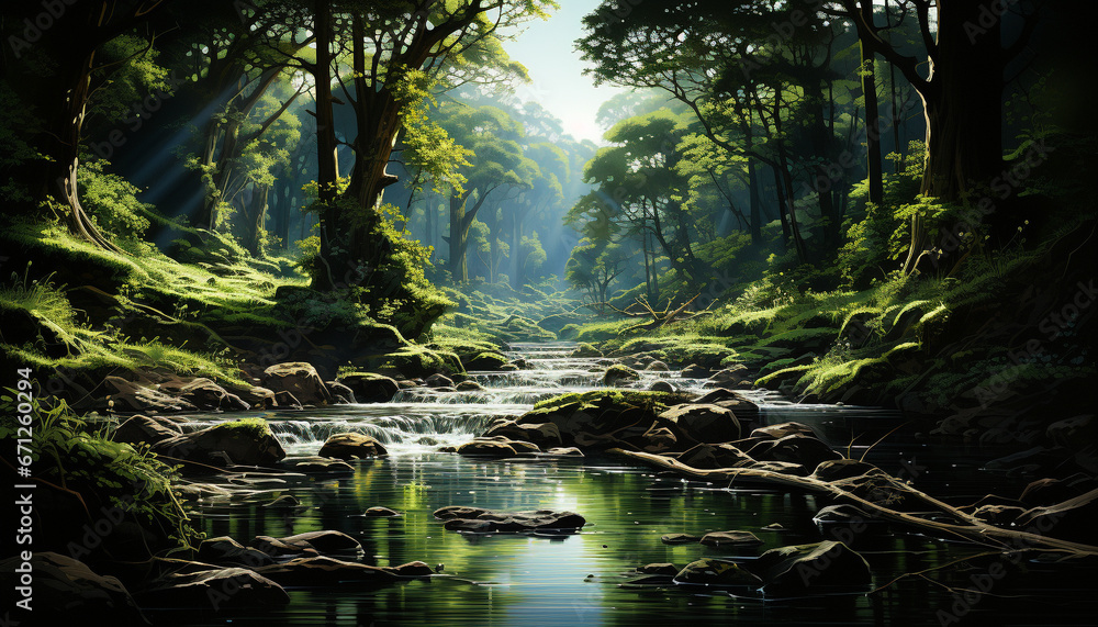 Tranquil scene of a tropical rainforest, with flowing water and sunlight generated by AI