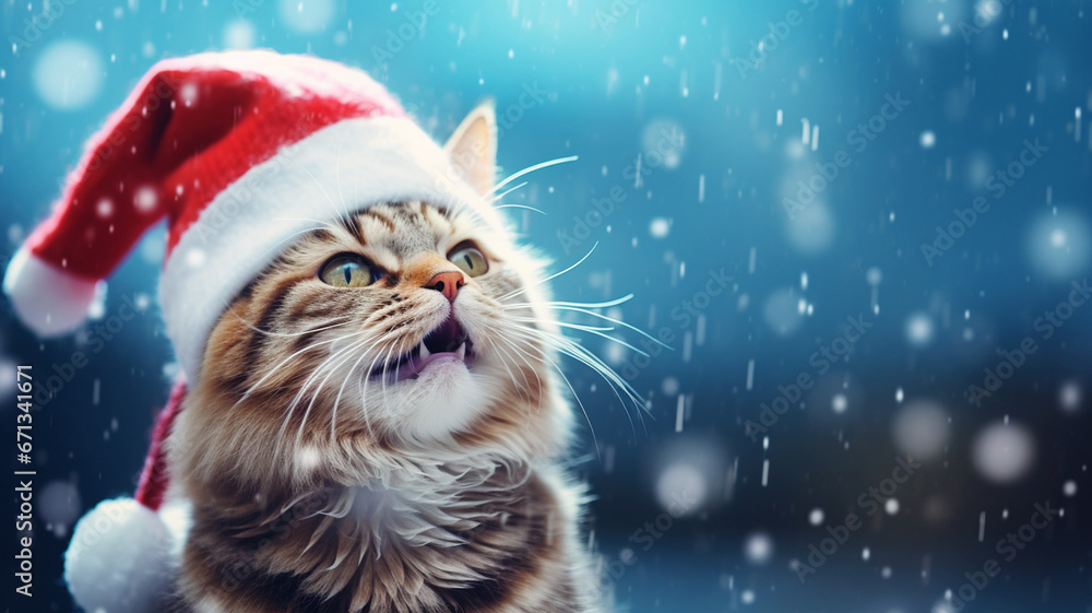 A cat wearing a red Santa hat costume