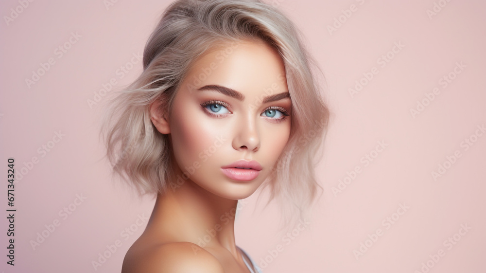 Beautiful young woman on a pink colored background