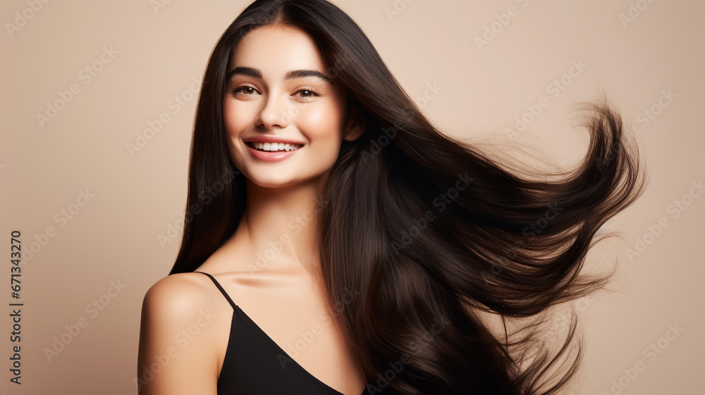 Haircare theme with beautiful woman with long black hair