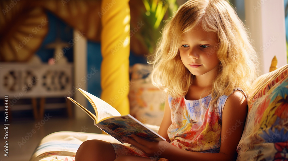 A little girl reading a book in her room