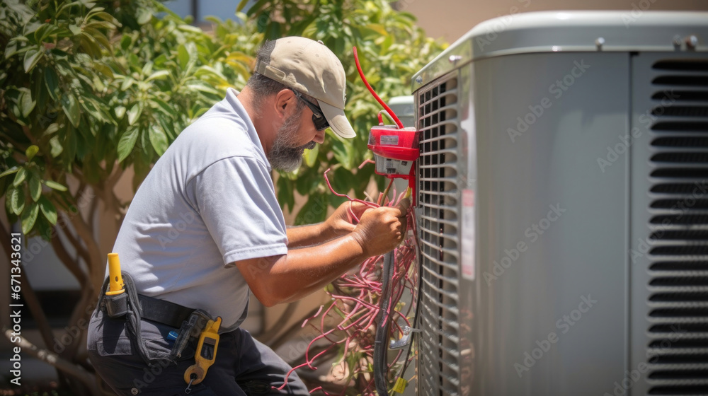 A technician working on air conditioning outdoor unit.