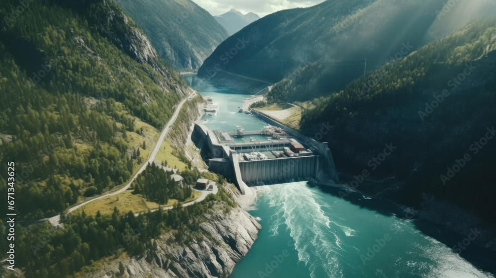 Aerial view of Hydroelectric power dam on a river in mountains.