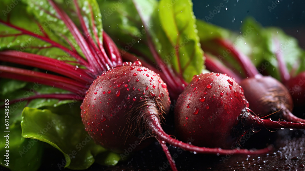 Closeup of Fresh beetroot vegetables with water drops over it.