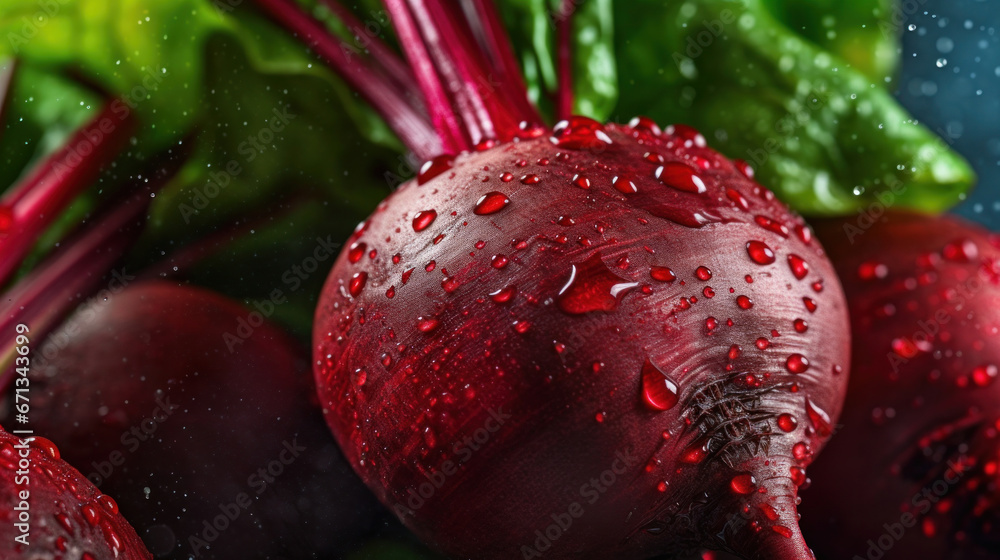 Closeup of Fresh beetroot vegetables with water drops over it.