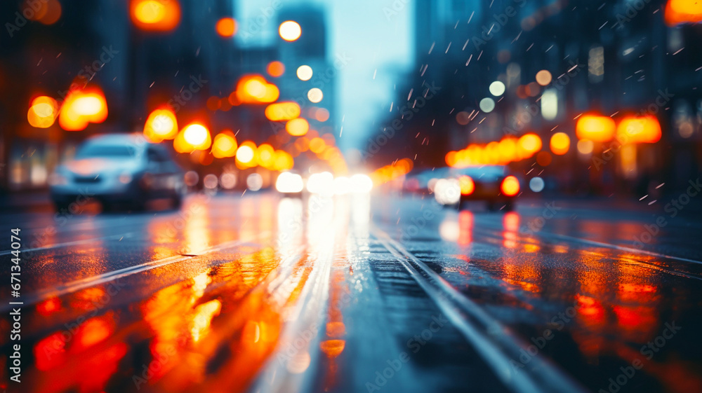 Street traffic in the city at dusk in the rain