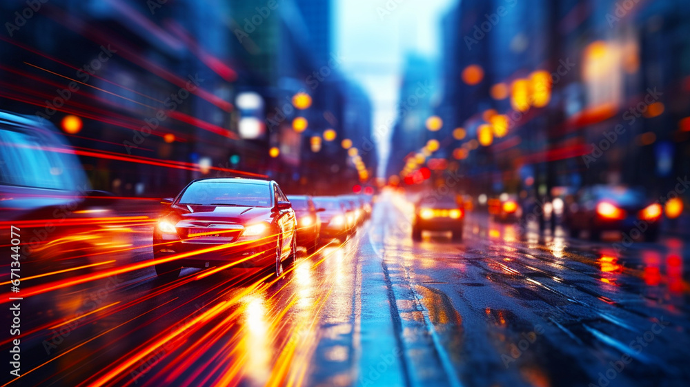 Street traffic in the city at dusk in the rain