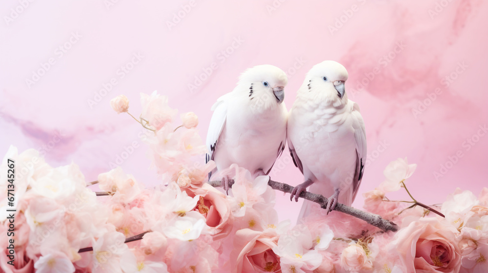 Exotic bird couple with flowers on pink