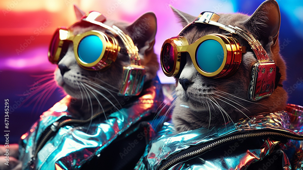 Futuristic cyber cats with fashionable clothes and accessories