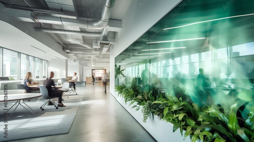 A modern office interior featuring green walls and ecofriendly elements, promoting a sustainable and environmentally conscious workplace culture. A commitment to green living.