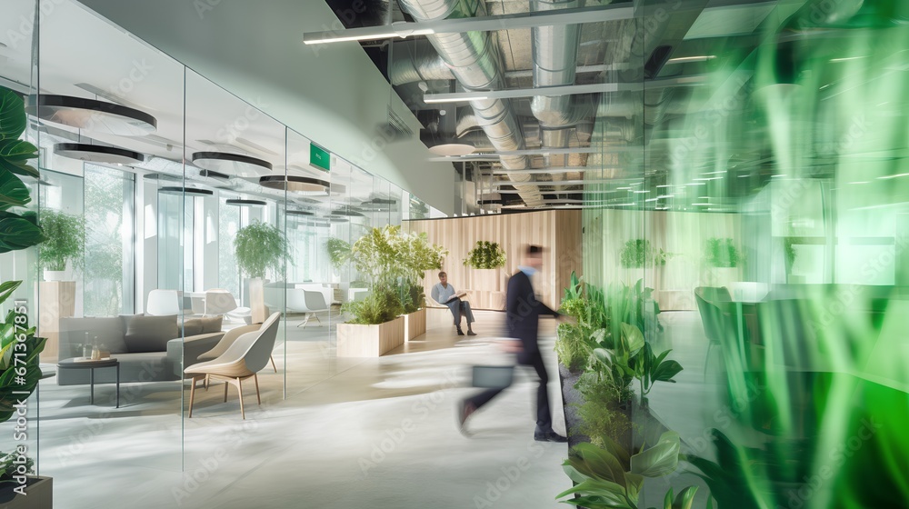 A modern office interior featuring green walls and ecofriendly elements, promoting a sustainable and environmentally conscious workplace culture. A commitment to green living.