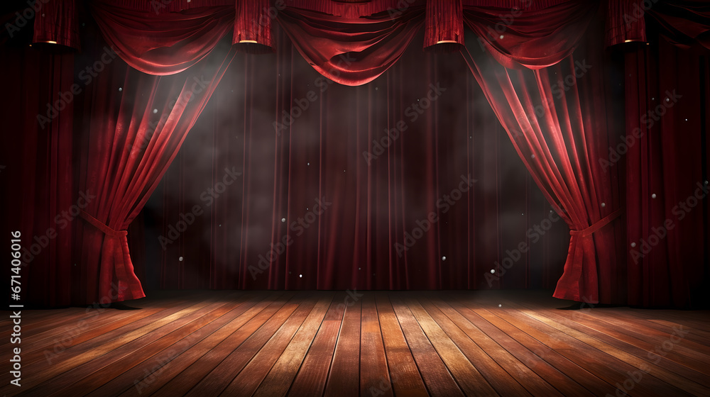 Magic theater stage red curtains Show Spotlight, copy space, empty room