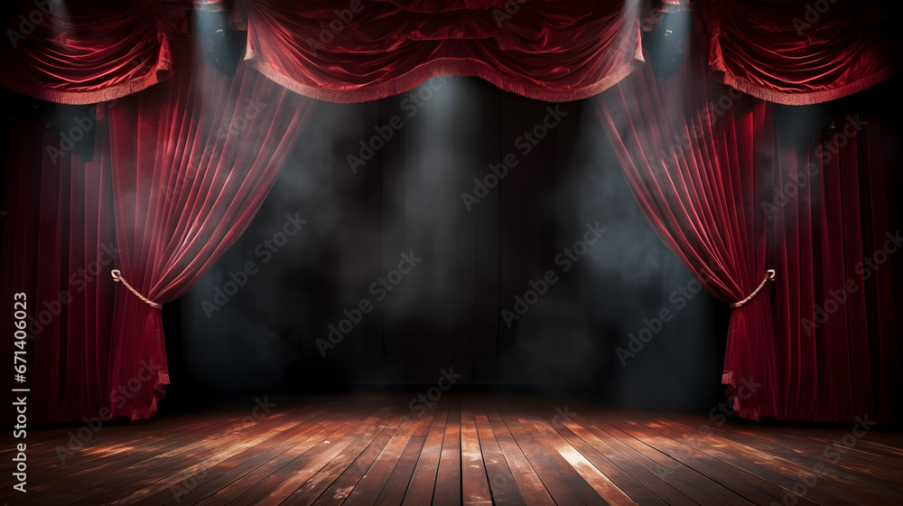 Magic theater stage red curtains Show Spotlight, copy space, empty room