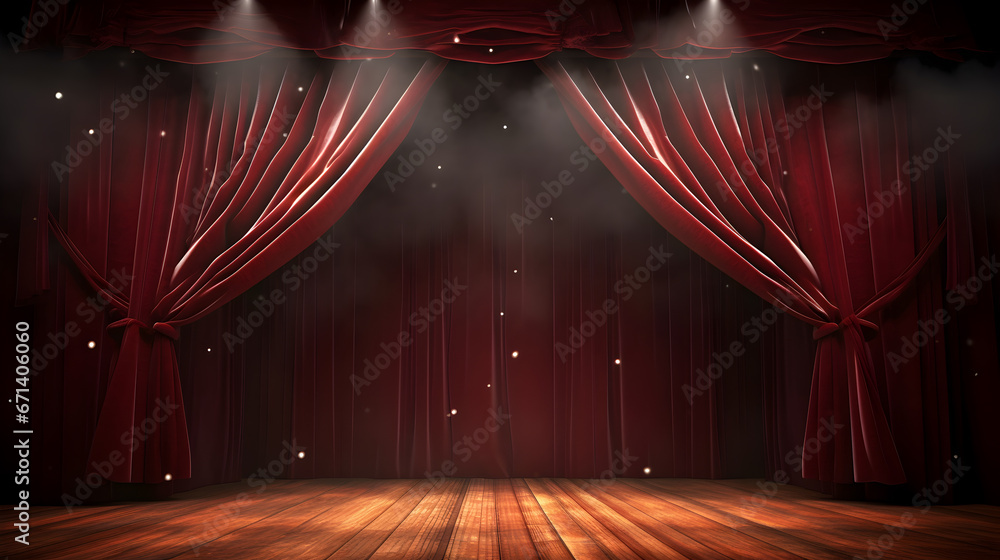 Magic theater stage red curtains Show Spotlight, copy space, empty room