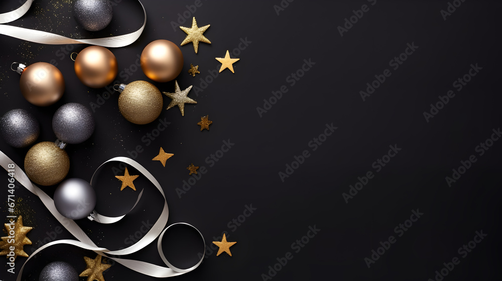 Christmas background with ball , coffeti and decor. Top view with copy space, Christmas decoration on dark background