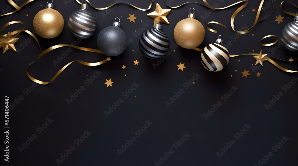 Christmas background with ball , coffeti and decor. Top view with copy space, Christmas decoration on dark background