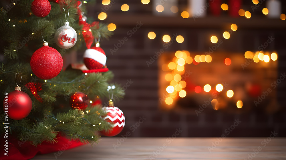 Christmas Tree with Decorations, Decorated Christmas tree on blurred background.