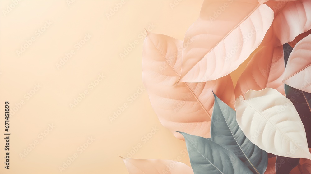 Leaves background in Aesthetic minimalism style. Soft pastel, neutral colors and beige elements for social media. Elegant premium design with minimal style. Touch of sophistication to any project.