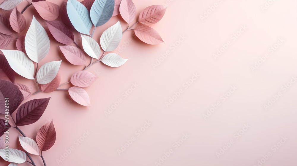 Leaves background in Aesthetic minimalism style. Soft pastel and neutral colors elements for social media. Elegant premium design with minimal style. Touch of sophistication to any project.