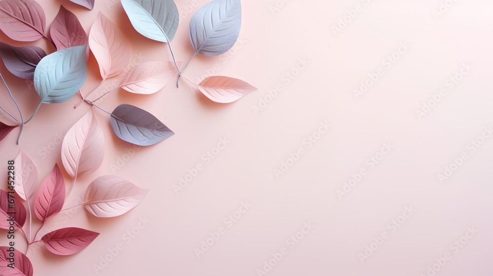 Leaves background in Aesthetic minimalism style. Soft pastel and neutral colors elements for social media. Elegant premium design with blush pink minimal style. Touch of sophistication to any project