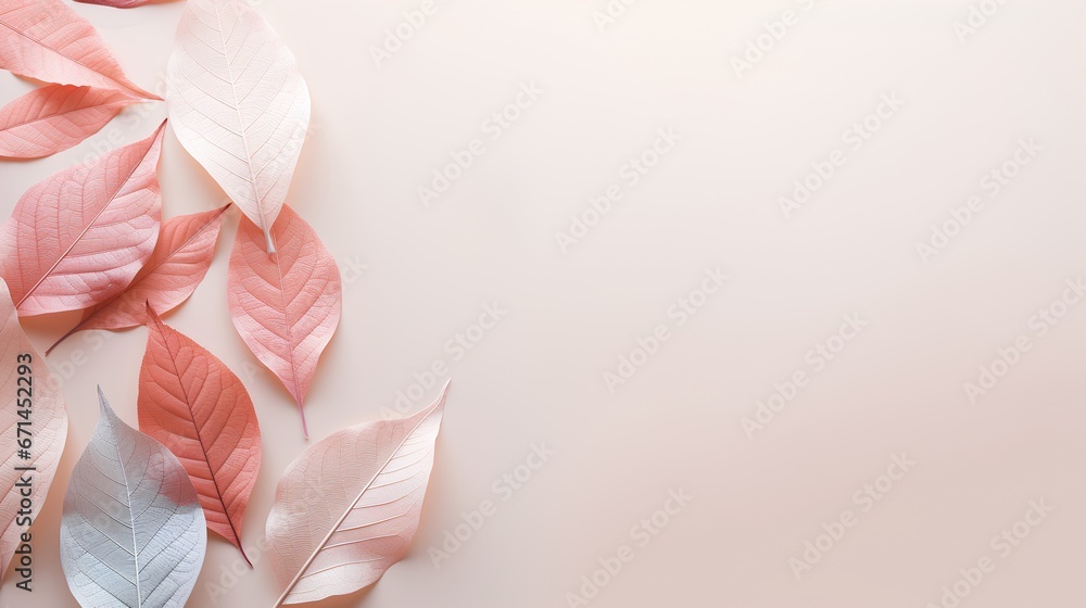 Leaves background in Aesthetic minimalism style. Soft pastel and neutral colors elements for social media. Elegant premium design with blush pink minimal style. Touch of sophistication to any project