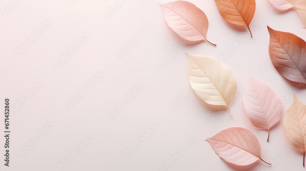 Leaves background in Aesthetic minimalism style. Soft pastel, neutral colors and beige elements for social media. Elegant premium design with minimal style. Touch of sophistication to any project.